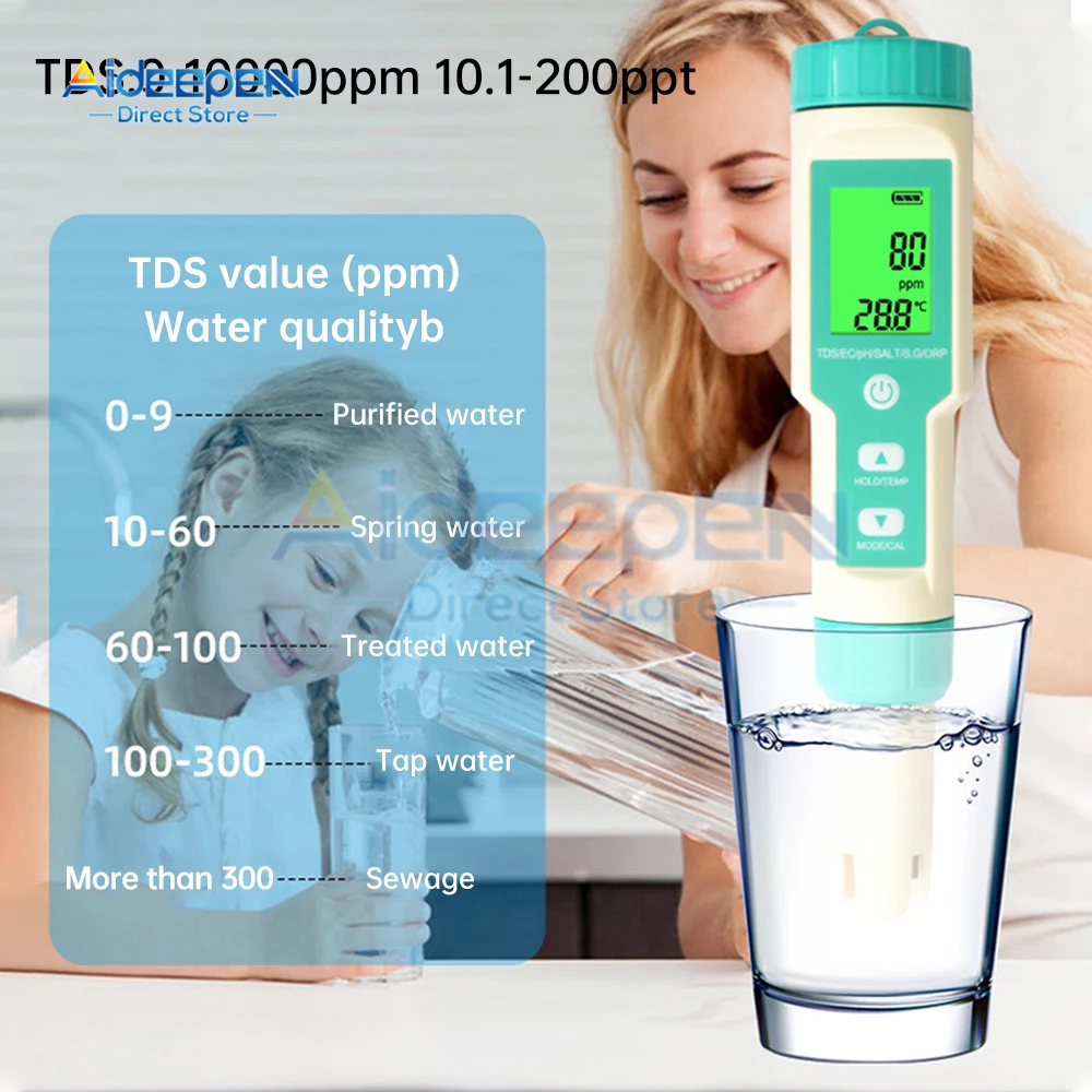 7 in 1 TDS/PH/EC/SALT/S.G/ORP/TEMP Meter Portable Pen Water Quality Purity Tester LCD backlight for Pools Aquarium Hydroponic