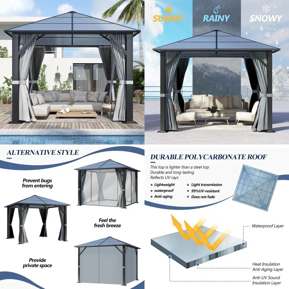 

10x10 Outdoor Hardtop Gazebo with Translucent Polycarbonate Roof and Mesh Sides for Garden Use