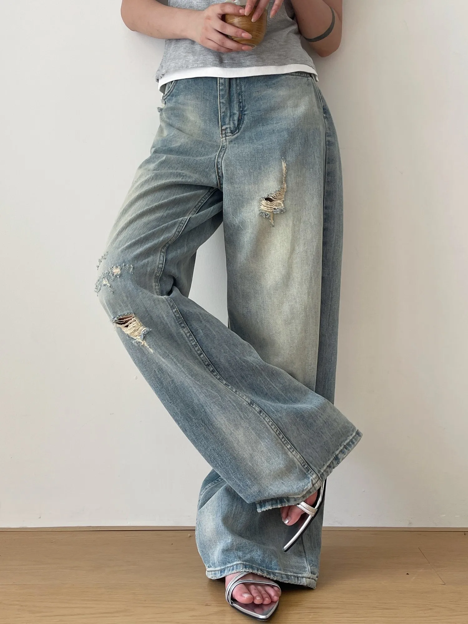 Zhisilao Gescheurde Jeans Vrouwen Klassieke Vintage Lichtblauwe Vloer Lengte Denim Broek Zomer 2024 Jeans