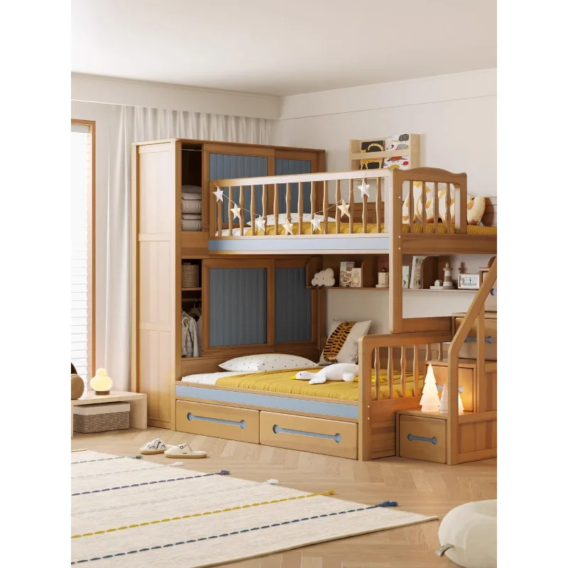 Pure solid wood children's bed bunk  bunkhigh and low  mother and child with wardrobe parallel adult storage