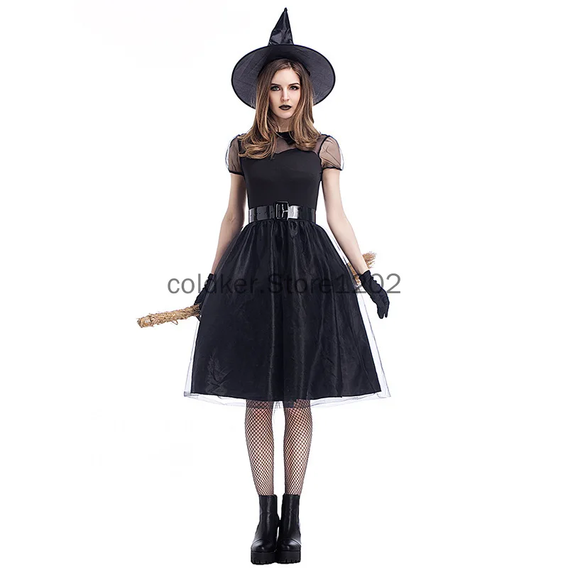 

Halloween Cosplay Costume Black Witch Cosplay Dress with Hat Night Ghost Game Clothes Black Yarn Stitching Dress for Women