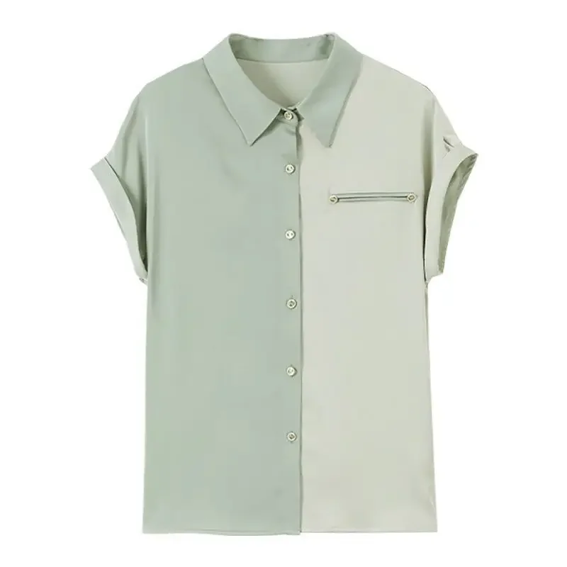 

Fashion Women Clothing Summer New Chiffon Contrast Color Patchwork Shirts Turn-down Neck Short Sleeve Loose Blouse Office