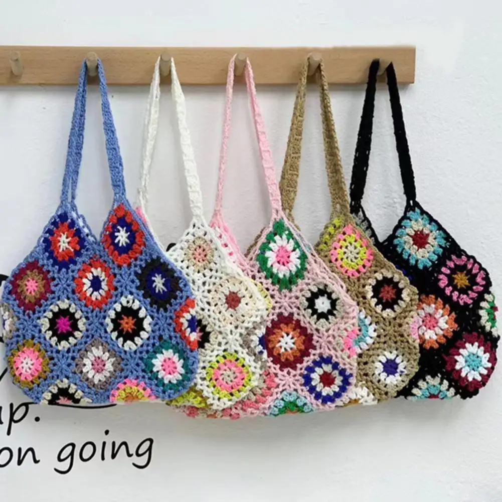 Bohemian Crochet Ladies Shoulder Bags Knitted Multicolor Hollow Tote Bag Retro Casual Knit Tote Bag Summer Beach Bag