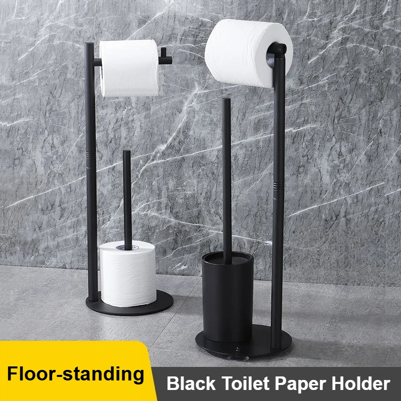 Floor-standing Toilet Paper Holder Multi-functional Tissue Holder for Bathrooms Black Toilet Paper Stand Toilet Brush Holder