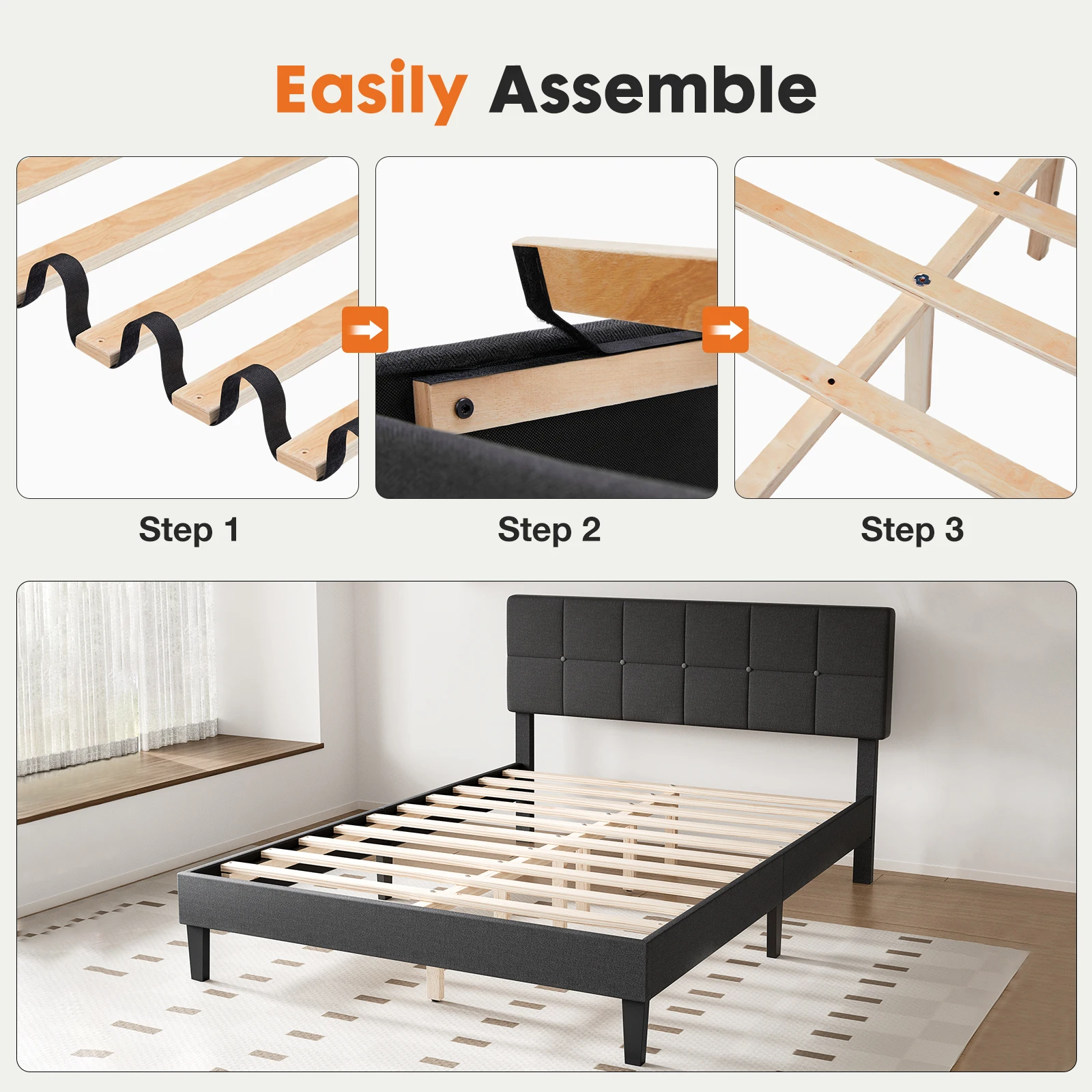 JHK Queen Bed Frame with Headboard No Box Spring Needed Linen Upholstered Wooden Platform Bed Frame with Wood Slats Support image 3