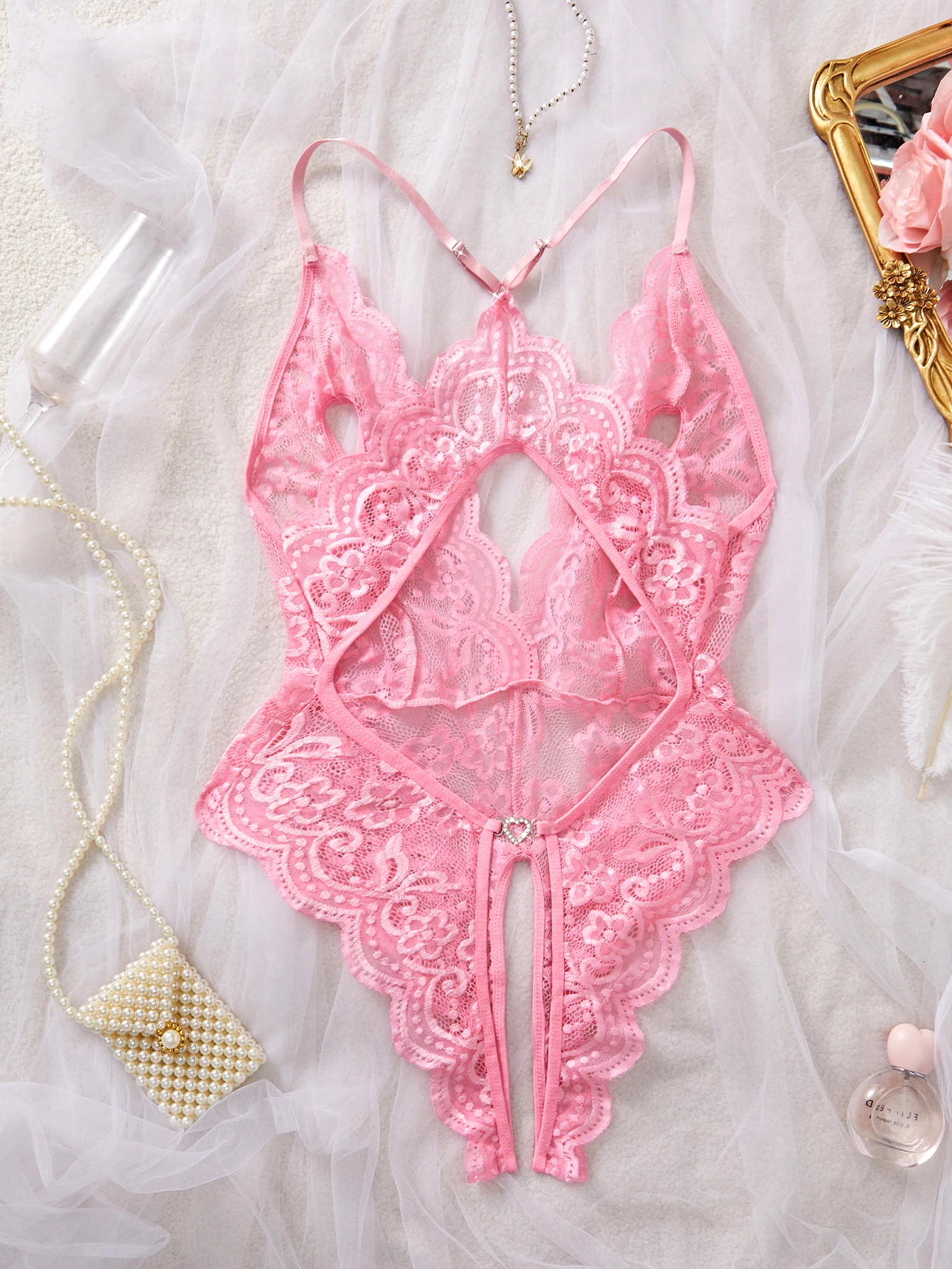 Dámská kombinace duté podprsenky, kombinéza, kombinéza s krajkovou mašlí, sexy spodní prádlo, květinové pyžamo, jednodílné, bez rozkroku, hluboké V - náhled 2