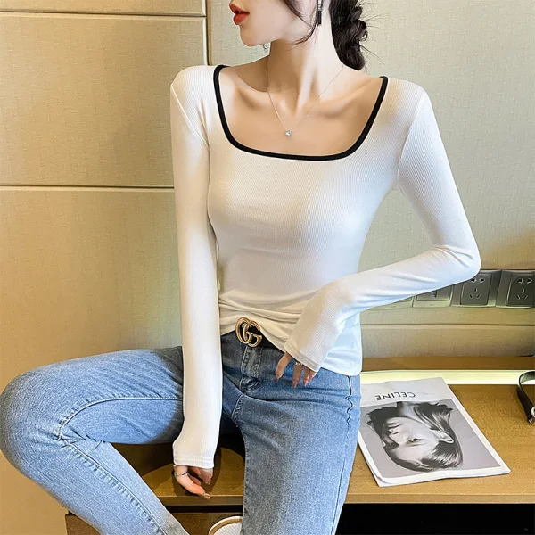 Threaded Square Neck Long Sleeve T-shirt Women Inner Outer Wear Fleece Warm Slim Bottom Shirt Winter Slim Tops