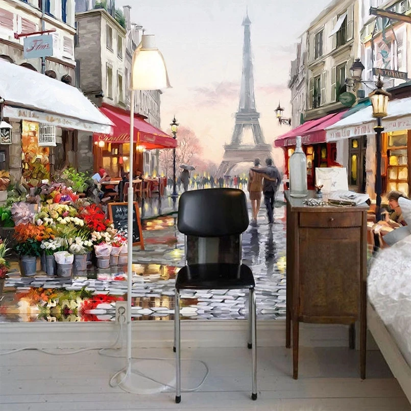 Custom Mural European Eiffel Tower Romantic Street Oil Painting Bedroom Wallpaper Living room sofa TV background wall restaurant