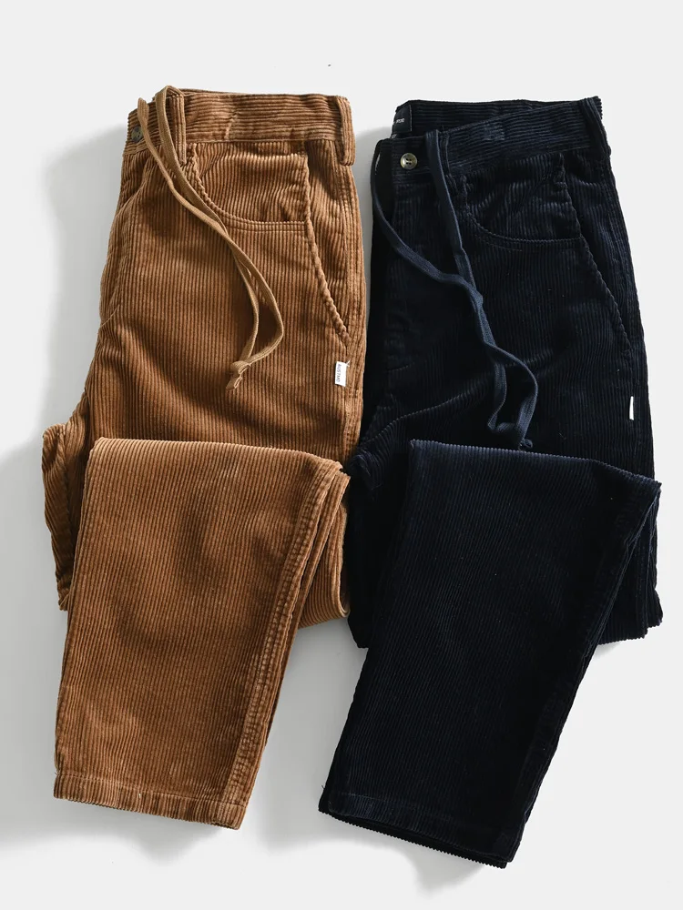 2025 Autumn New American Retro Heavyweight Corduroy Casual Pants Men's Simple 100% Cotton Washed Drawstring Straight Trousers