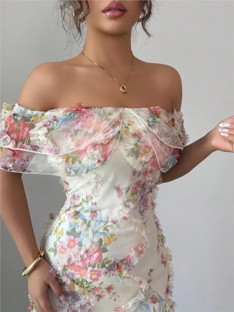 Sexy Boat Neck Dress For Women Fashion Spring Summer Elegant Romantic Ruffled Off-shoulder Waisted Floral Printing Dress Female