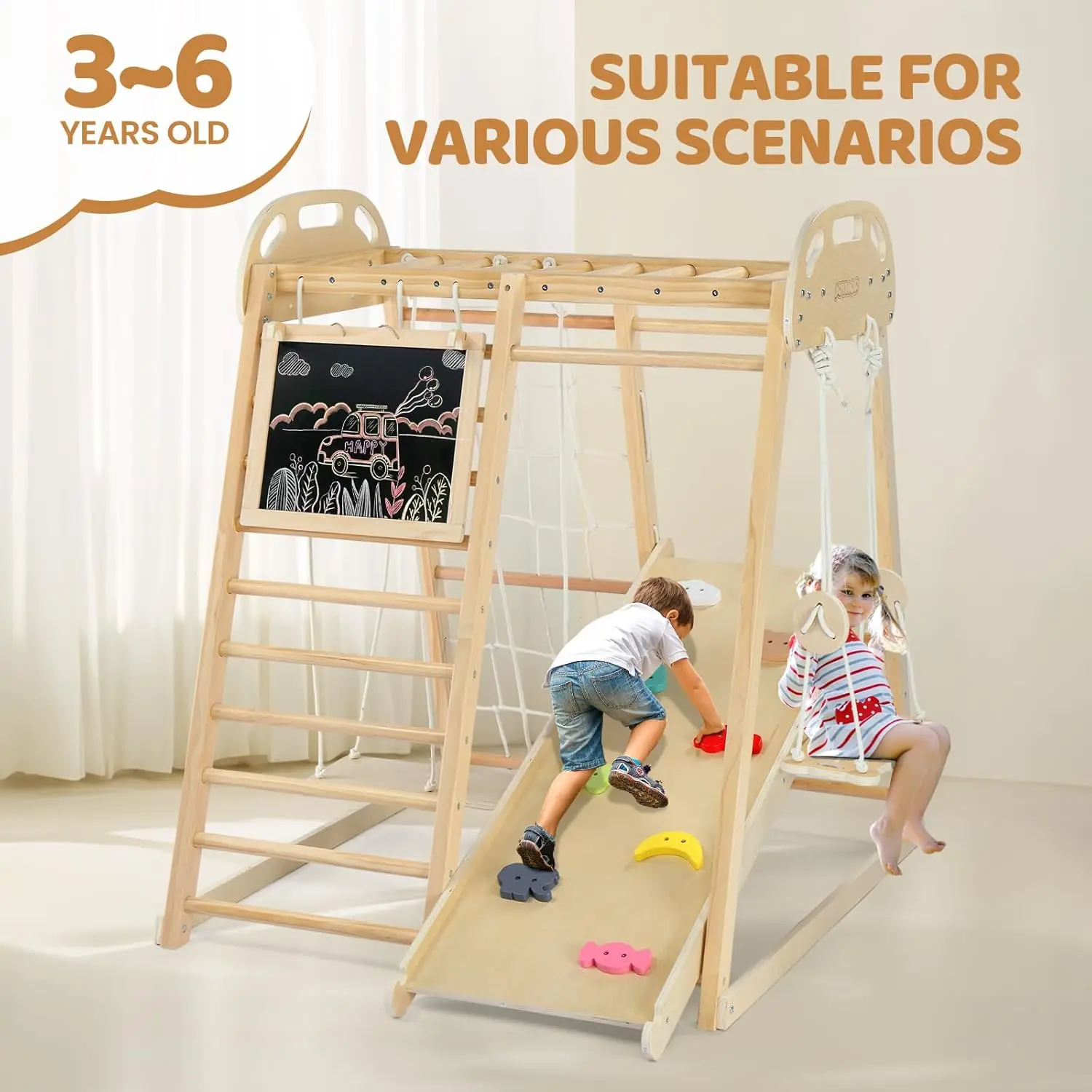 8-in-1 Indoor Jungle Gym voor kinderen en peuters met hangende brug en schommel, houten binnenspeeltuin met glijbaan, schoolbord, L