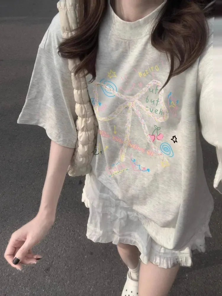 

Футболка с короткими рукавами и бантом, женская летняя нишевая футболка Instagram Trend Burst, свободная женская одежда, блузка