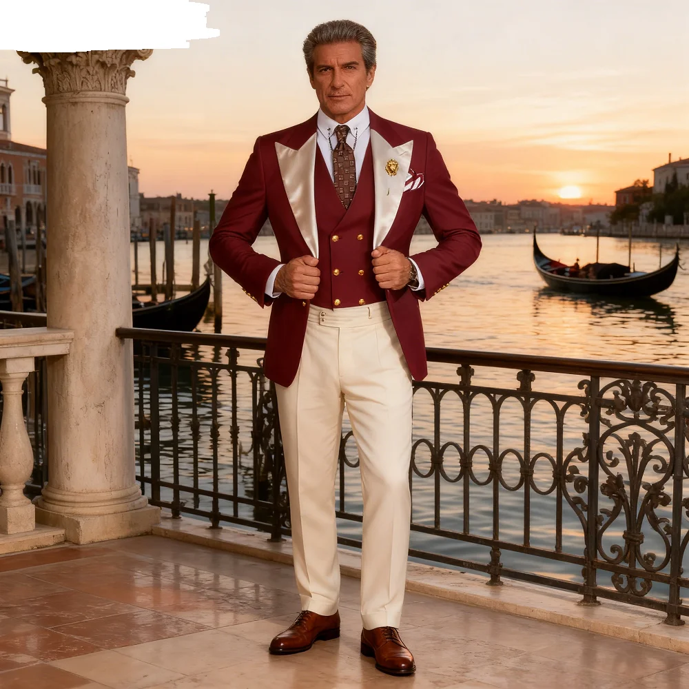 Esmoquin de 3 piezas para hombre, color Burdeos, Formal, de negocios, ajustado, para boda, informal, para padrinos de boda, banquete clásico, conjunto de traje de fiesta en casa