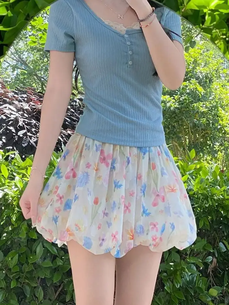 Ice Silk Colored Flower Bud Shorts For Women In Summer Thin 2025 New High Waist Wear Wide-Leg Small Casual Skirt Pants