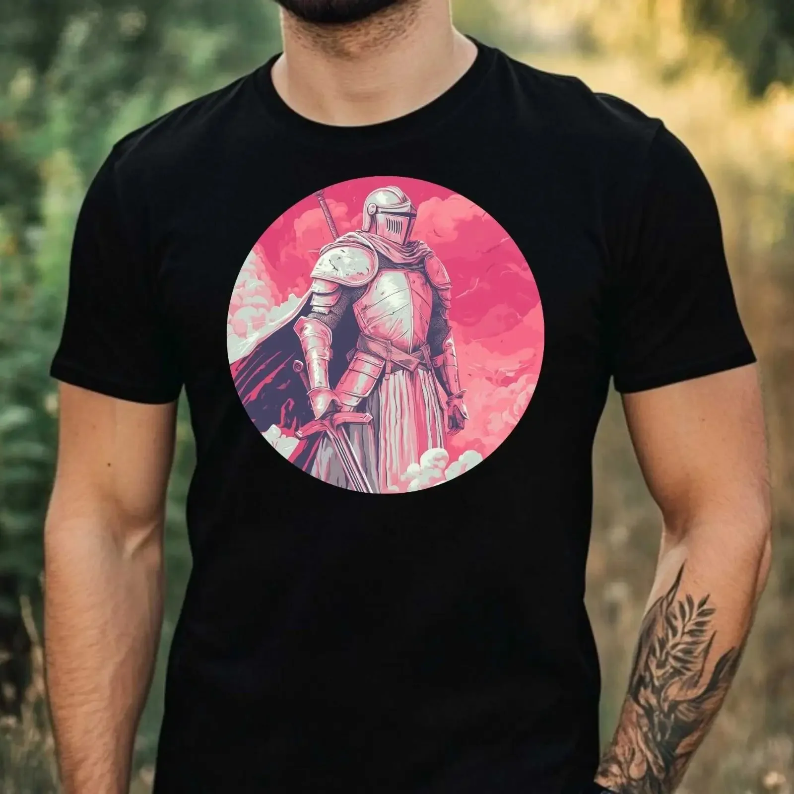 T Shirt Herren Rosa Ritter Motiv Baumwolle Größe XS bis 5XL vintage Washed Top For Everyday Wear Stretched fashion Slightly