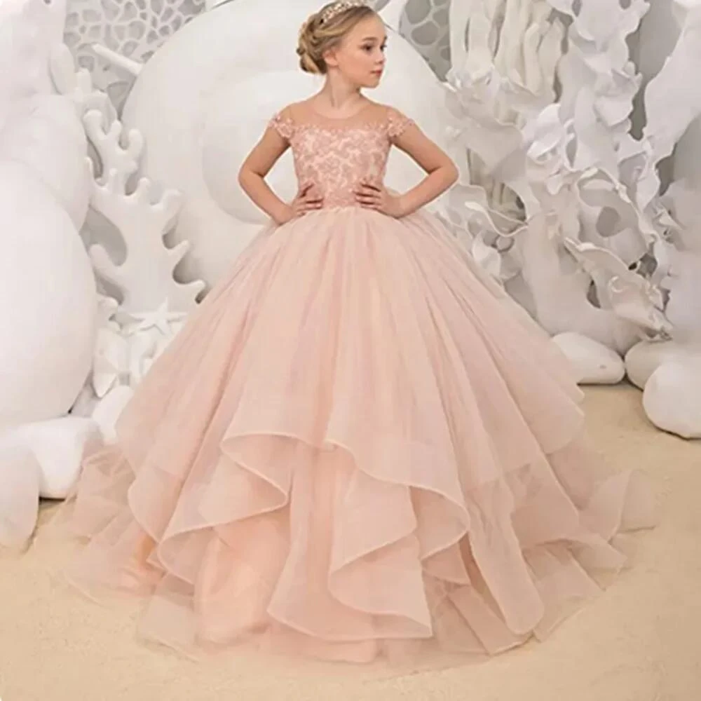 

Elegant Blush Pink Ball Gown Flower Girl Dresses For Wedding Princess Lace Appliques Cap Sleeves Long First Communion Gowns