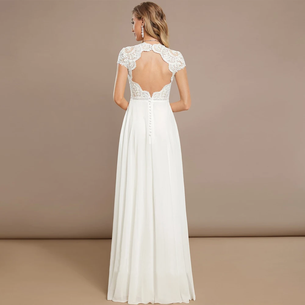 Classic Deep V Neck Wedding Dresses Cap Sleeves Applique Lace Bridal Grown Floor Length Backless Chiffon A Line Vestido De Noiva