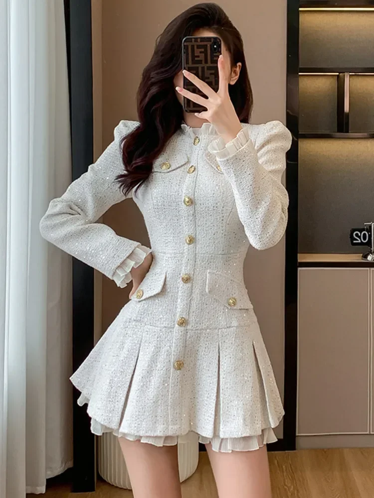 High Quality French Vintage Small Fragrant Tweed Dresses For Wome 2024 Autumn Winter High Waist Slim Pleated Mini Dress Vestidos