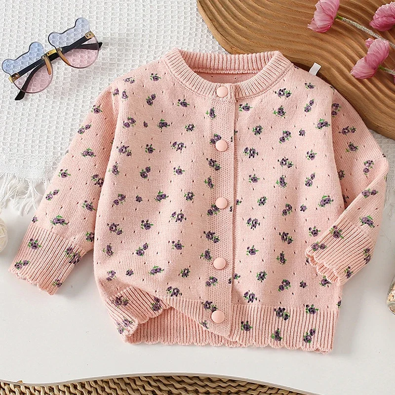 

2025 New Autumn 2-6Yrs Baby Girls Knitting Cardigan Children Knitting Clothing Long Sleeved Printing Casual Loose Sweater Coat