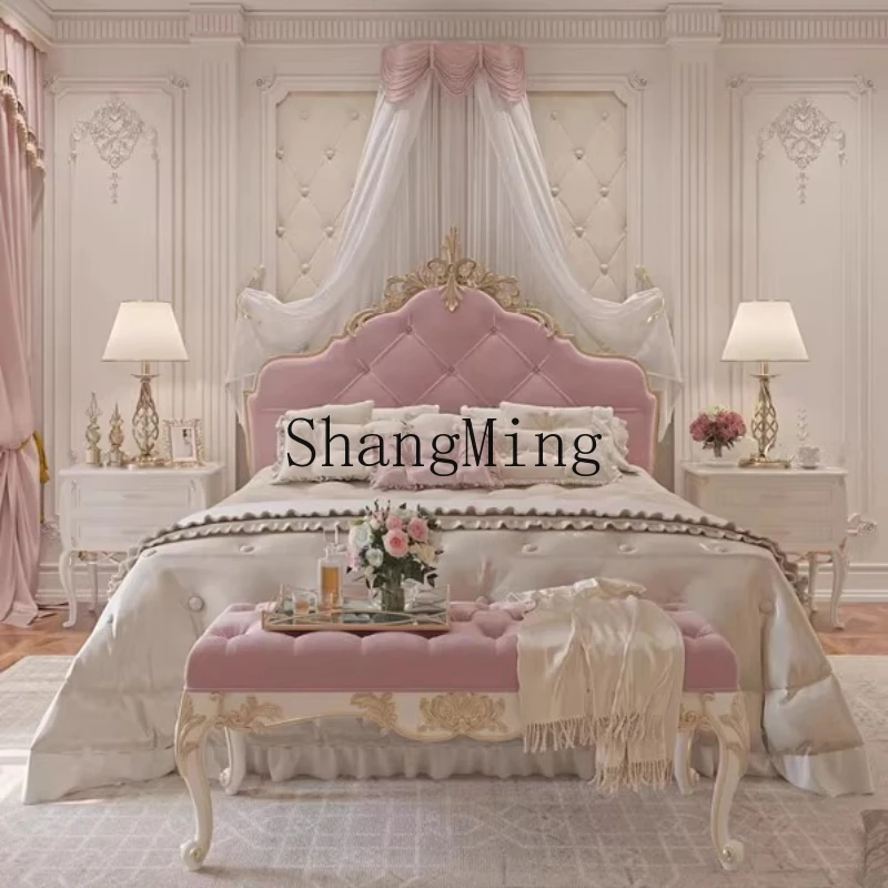

LXY light luxury solid wood carving flower bed with solid wood double leisure bed