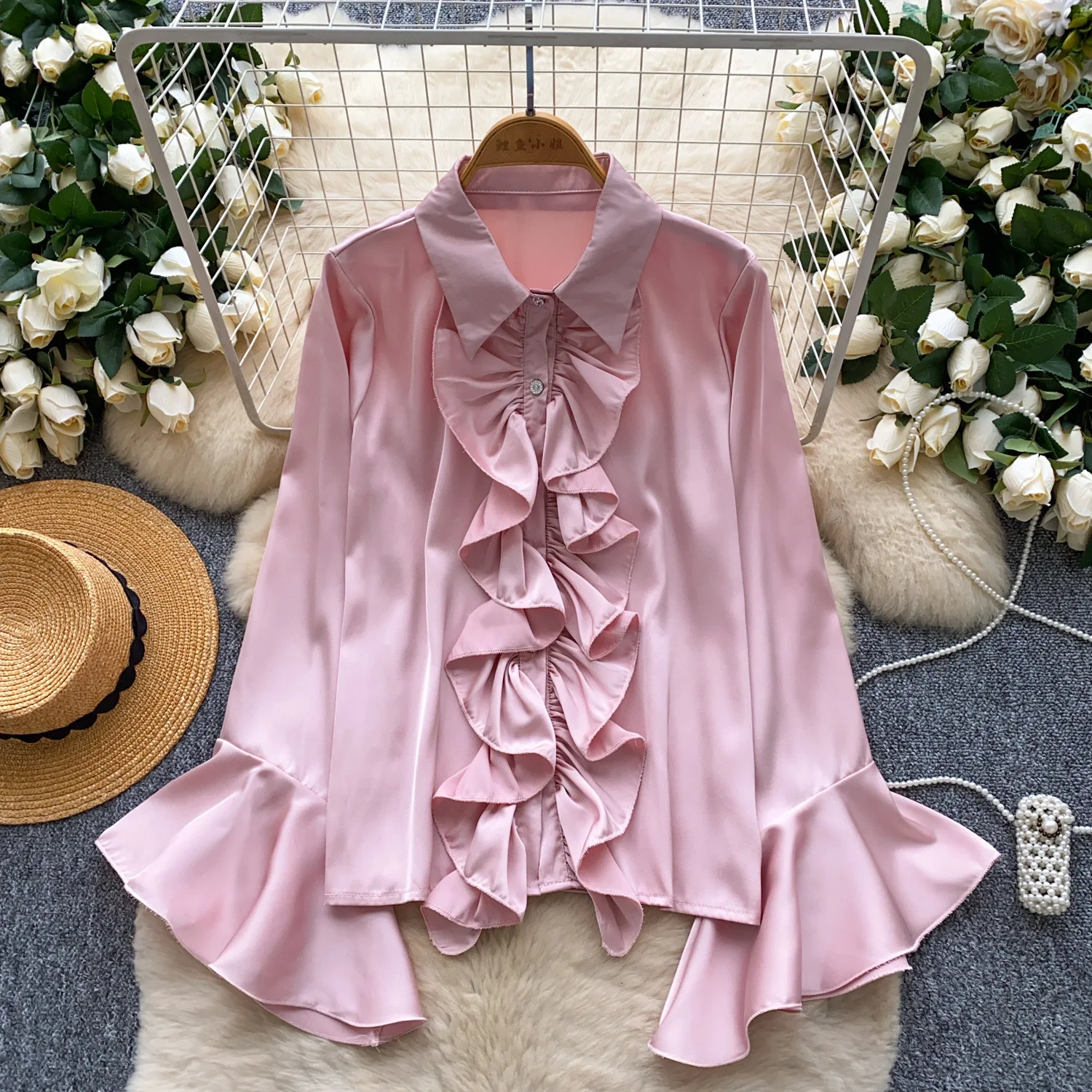 

Blouses Women Shirt Turn Down Collar Flare Sleeve Tops Ruffles Y2k Streetwear Elegant Splice Casual Work Slim Fit Shirts 2025