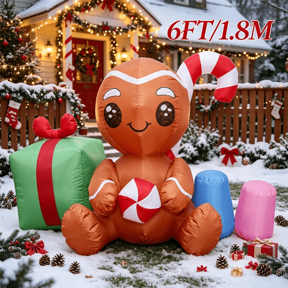 Inflatable Model Toy 6FT/1.8M Sitting on The Ground Gingerbread Man Build-in LED Lighted Courtyard Holiday Ornament