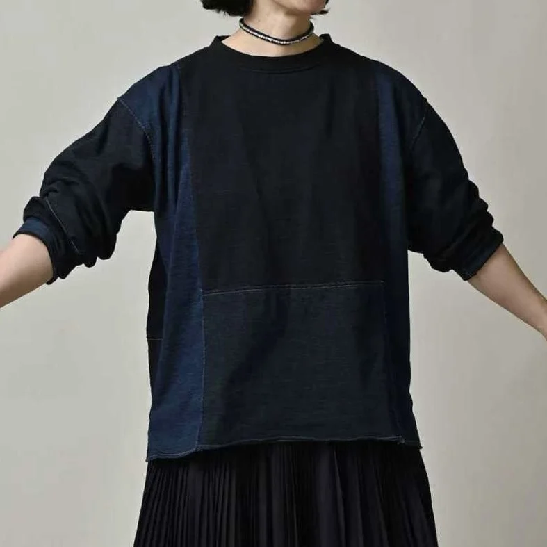 

Весенне-летняя свободная женская футболка с длинными рукавами в японском стиле, повседневный топ из чистого хлопка с цветными блоками и пэчворком