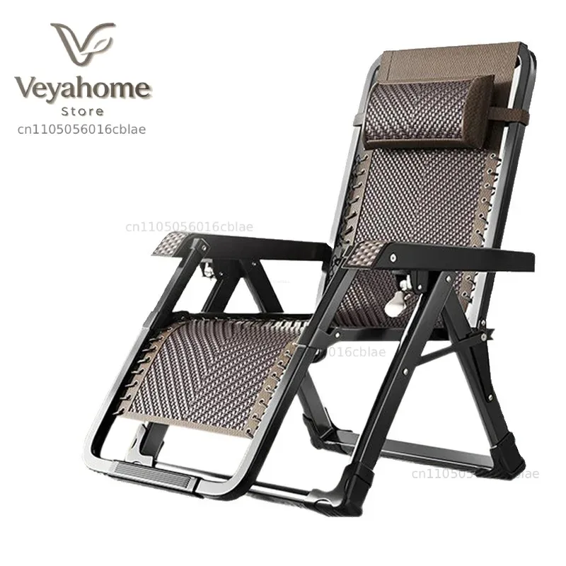 Dual-Use Comfortable Rattan Chair with Metal Backrest Foldable Lazy Nap Recliner for Outdoor Balcony Household Folding Chair