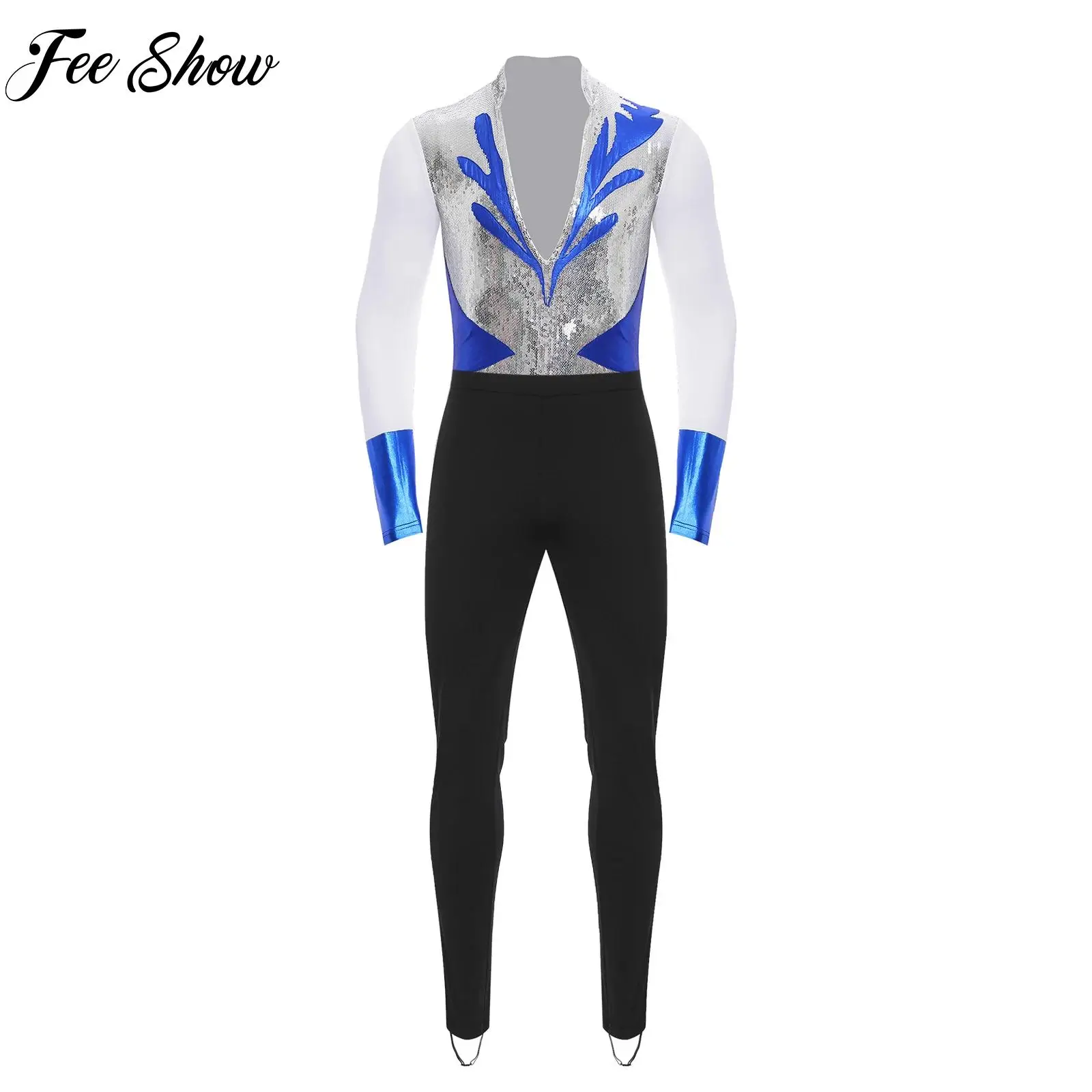 

2Pcs Mens Ballet Latin Dance Performance Set Sequin Metallic Shiny Long Sleeve Bodysuit Long Pants Suit for Gymnastics Skating