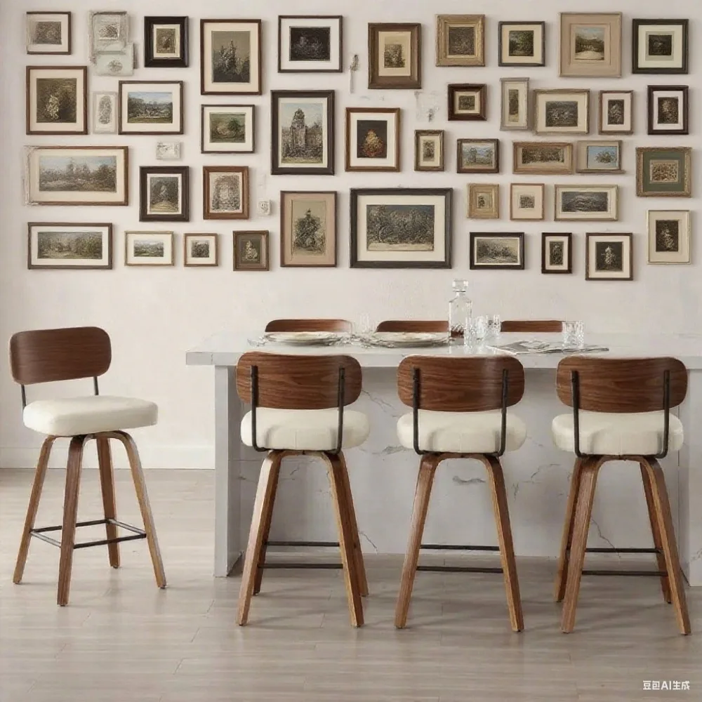 

26" Mid-Century Swivel Counter Height Bar Stools – Set of 4 Upholstered Faux Leather Stools with Back & Bent Wood Legs