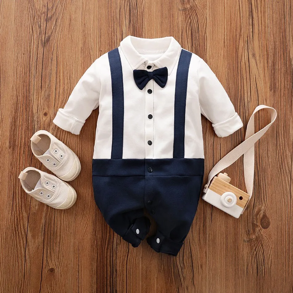 

Baby Boys Jumpsuit Toddler Bowtie Suits New Born Cotton Bow Tie Onesie Newborn Christmas Gentleman Romper Autumn Formal Outfit