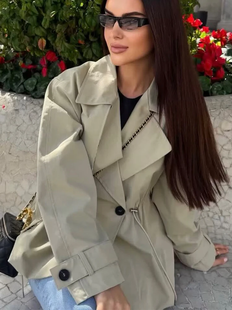 Neue Damen-Trenchjacke mit Reverskragen, kurzer Schnitt, Freizeitjacke mit Kordelzug in der Taille, Knopfverschluss vorne, 2026 neue High-Street-Modejacke