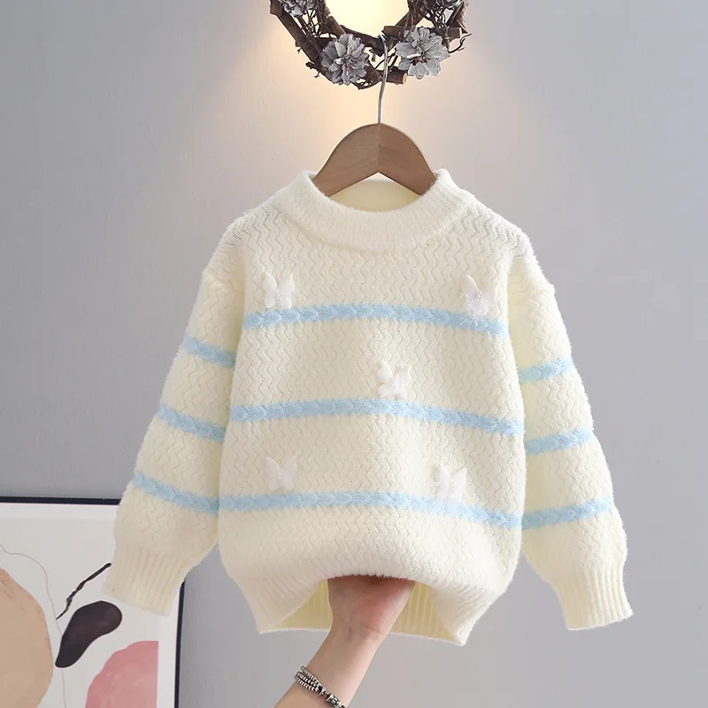 الخريف الشتاء الفتيات محبوك سترة جولة الرقبة طويلة الأكمام قمم مخطط البلوز ملابس الأطفال مريحة أزياء عارضة #1