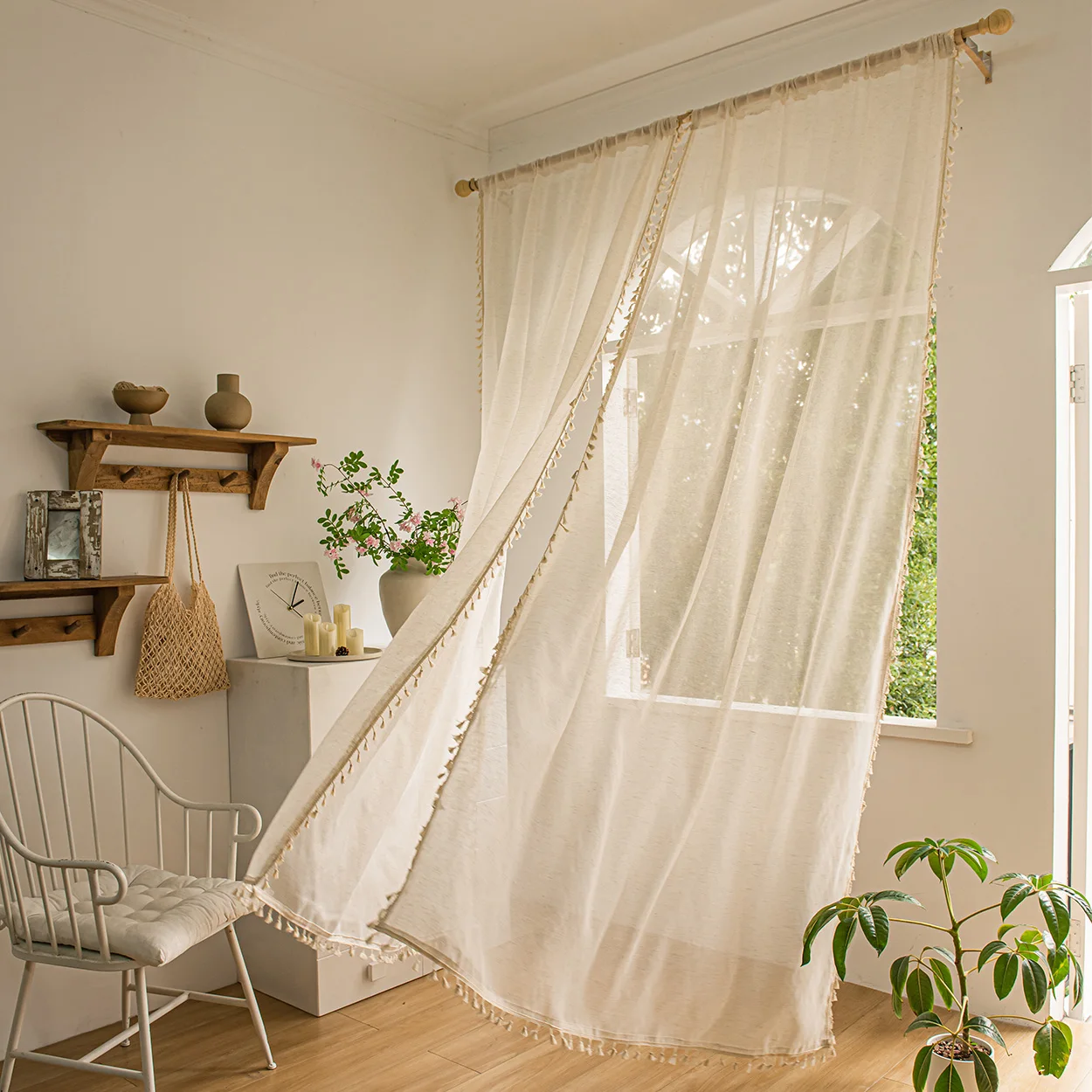 1 Piece, Beige Bohemian Tassel Sheer Curtain, Rod Pocket Installation, Faux Linen Vintage Style Suitable for Living Room, Bedroom, Dining Room,