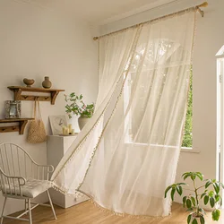 1 Piece, Beige Bohemian Tassel Sheer Curtain, Rod Pocket Installation, Faux Linen Vintage Style Suitable for Living Room, Bedroom, Dining Room, Window Decoration