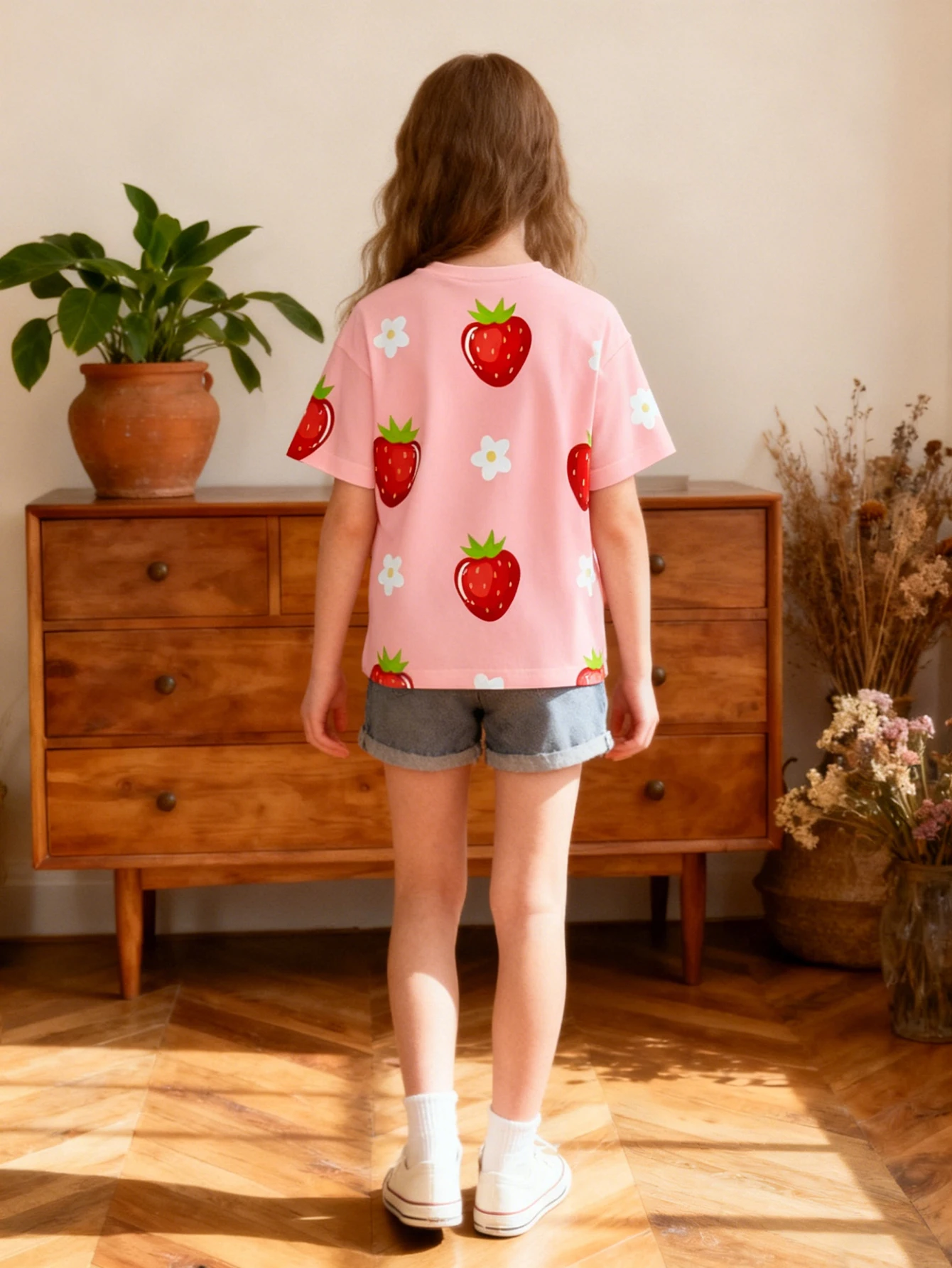 2026 Girls strawberry small floral print short-sleeved T-shirt, children's casual vacation crew neck top summer wear