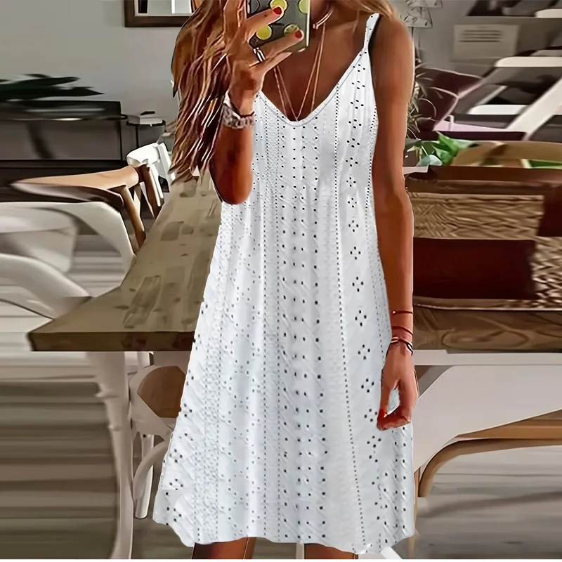 2025 المرأة الصيف منتج جديد قطع الجاكار الخامس الرقبة قبالة الكتف حبال بلون فستان جوفاء مثير فساتين بلا أكمام = #1