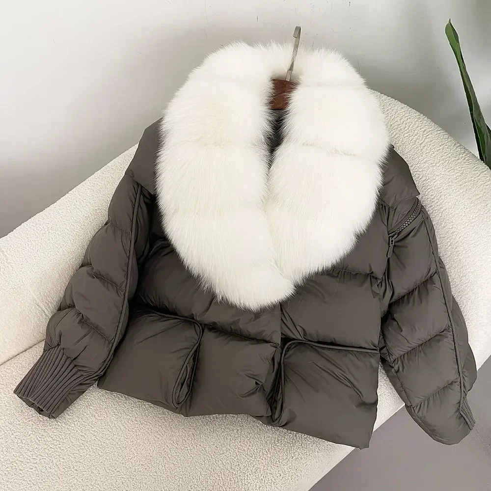 Real Raccoon Fox Fur Collar Coat Women Thick Warm Streetwear Casual Outerwear 2024 Winter Natural White Duck Down Jacket