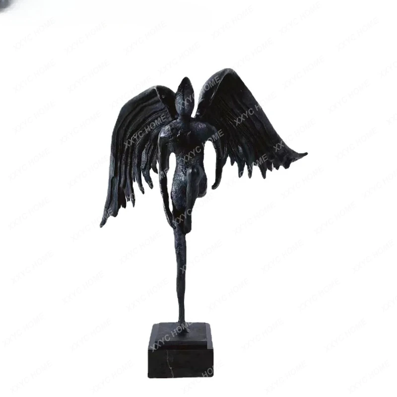 New Chinese modern creative black metal winged figure sculpture ornament