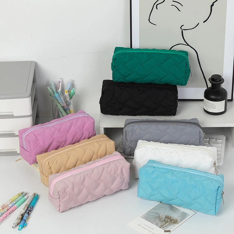 Simple Solid Color Quilted Pencil Case Cosmetic Bag Stationery Storage Pouch Large Capacity Organizer School Supplies