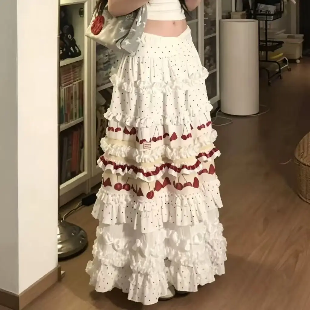 High-end Sweet Patchwork Polka Dot Chiffon Long Skirts Y2K Skirt Women High Waist Multi-Layer A-line Flower Print Skirt Harajuku view 6