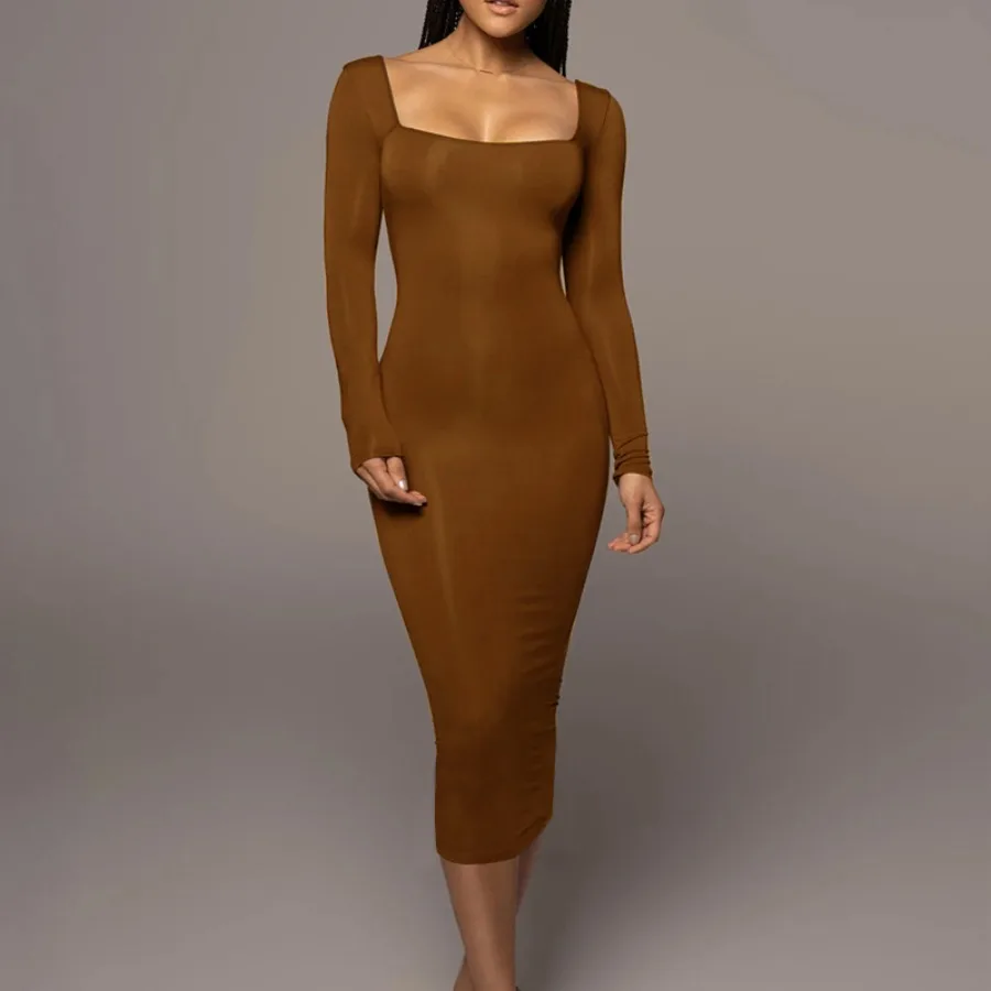 

【New style】Autumn and winter new women's fashion hot girl sexy slim velvet square collar long sleeve dress
