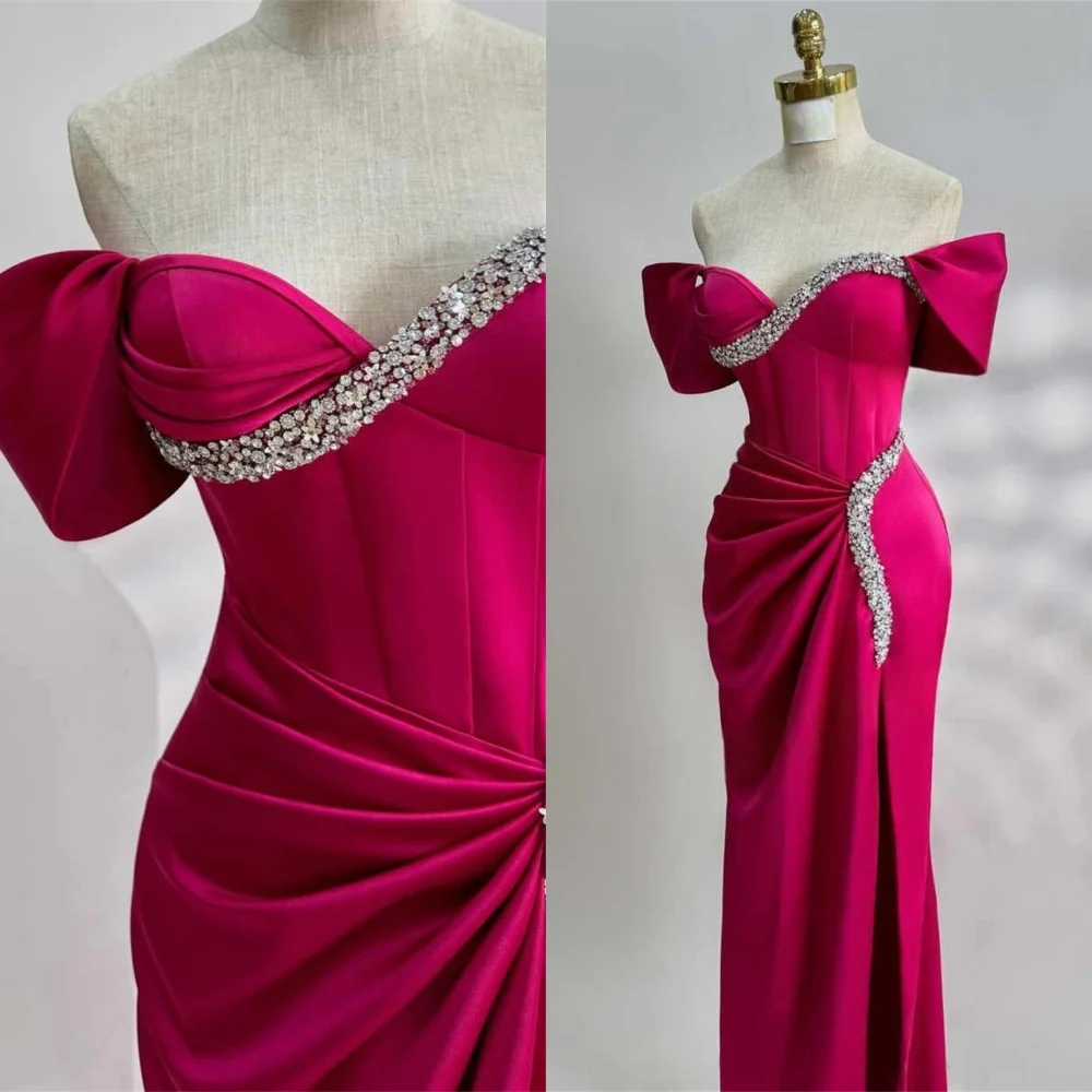 

Customized Mermaid Luxury Red Satin Evening Dress Exquisite Strapless Off the Shoulder Celebrity Gowns Vestido De Festa