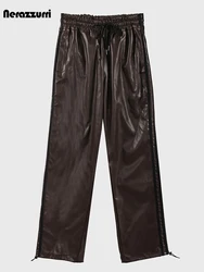Nerazzurri Autumn High Street Style Soft Black Pu Leather Sports Straight Pants Women Elastic Waist Loose Casual Trousers 2023