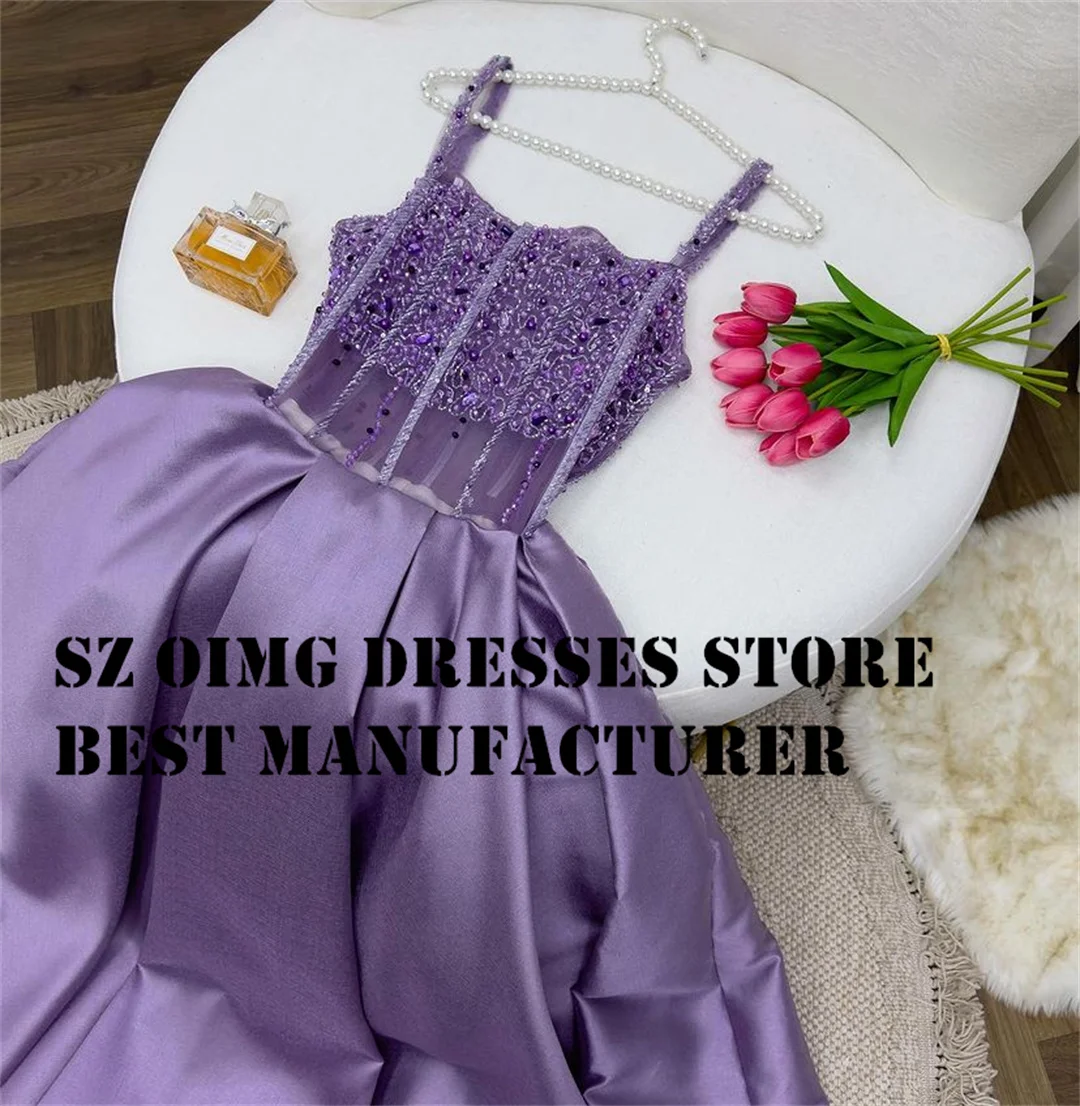 OIMG Elegant Spaghetti Straps Prom Dresses Sleeveless Purple Beading Backless Satin Women Evening Gowns Formal Party Dress