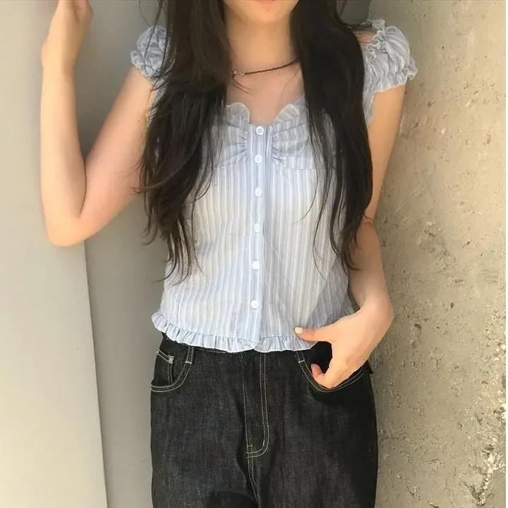 Sexy Two-Way Wearable Striped Shirt with Shoulder Baring And Pleated Detail Casual Style Women's Vest Top Short Length