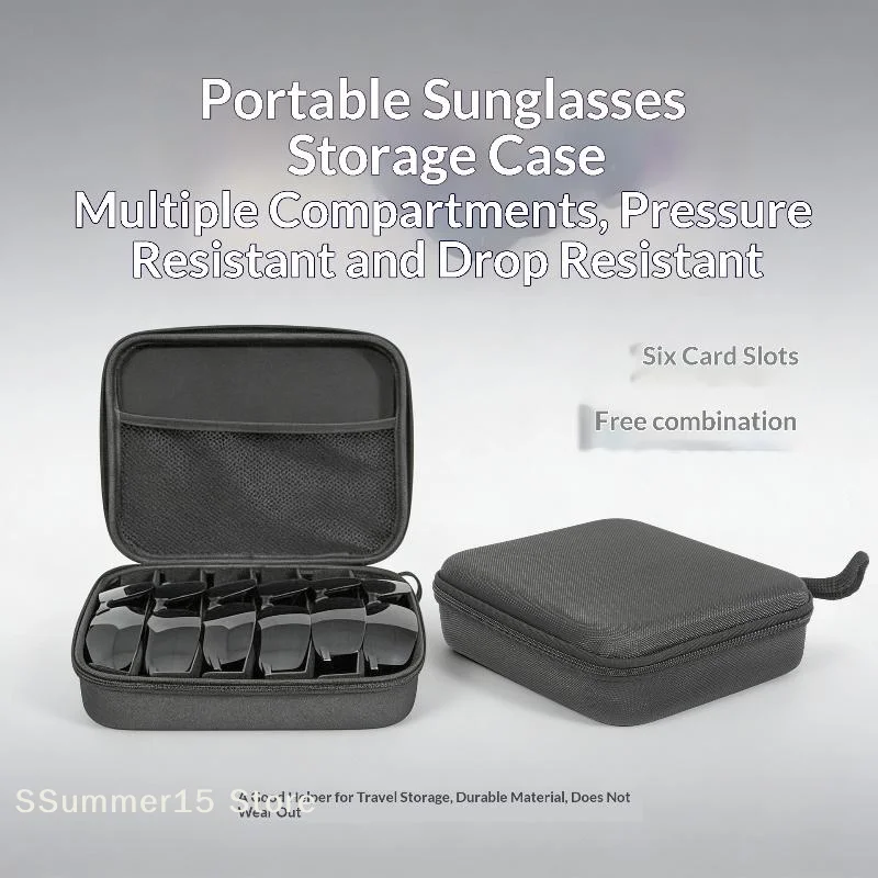 【R】4/5/6/7/8 Compartments Adjustable Glasses Organizer, Portable Black Storage Bag Case For Travel, Sturdy Dividers Eyewear Box