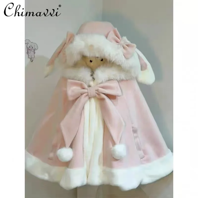 Lolita Original New Cute Rabbit Ears Hooded Shawl Coat Autumn and Winter New Sweet Girl Womens Warm Loose Y2k Cape Jackets Tops