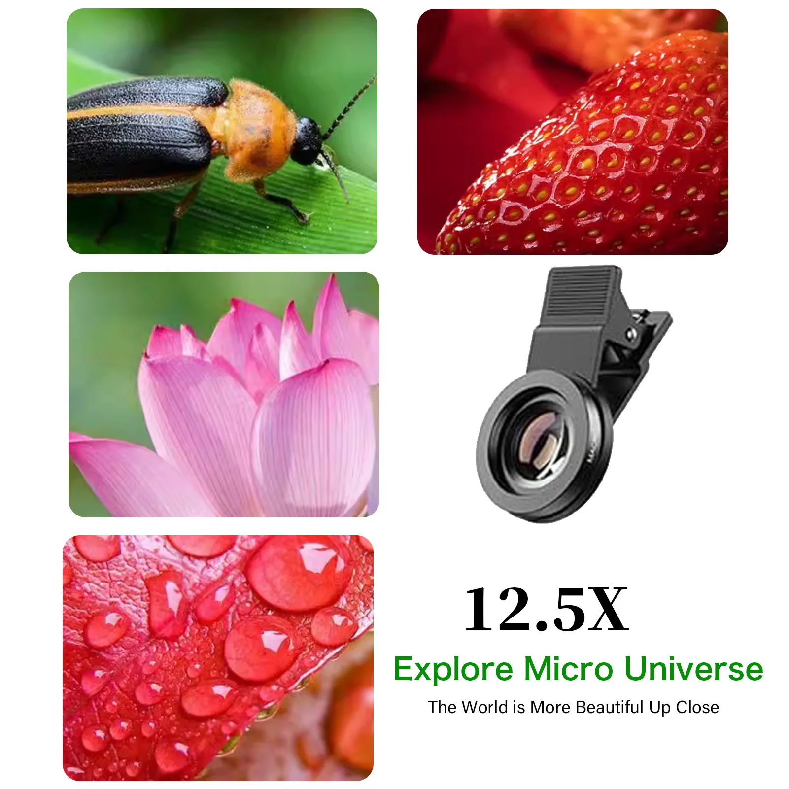 Obiettivo per cellulare a 2 funzioni: grandangolo 0.45X e macro 12.5X HD, universale per iPhone e telefoni Android