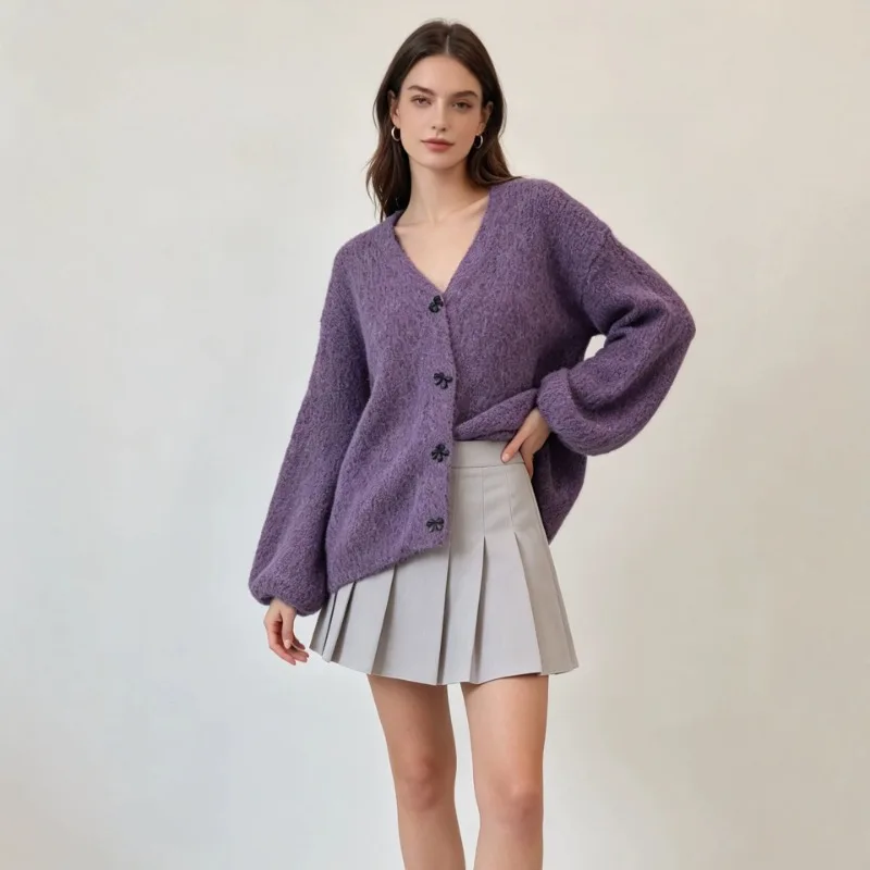 Women V Neck Knit Cardigan Loose Long Lantern Sleeve Sweater Coat Casual Lazy Style Knitted Outerwear